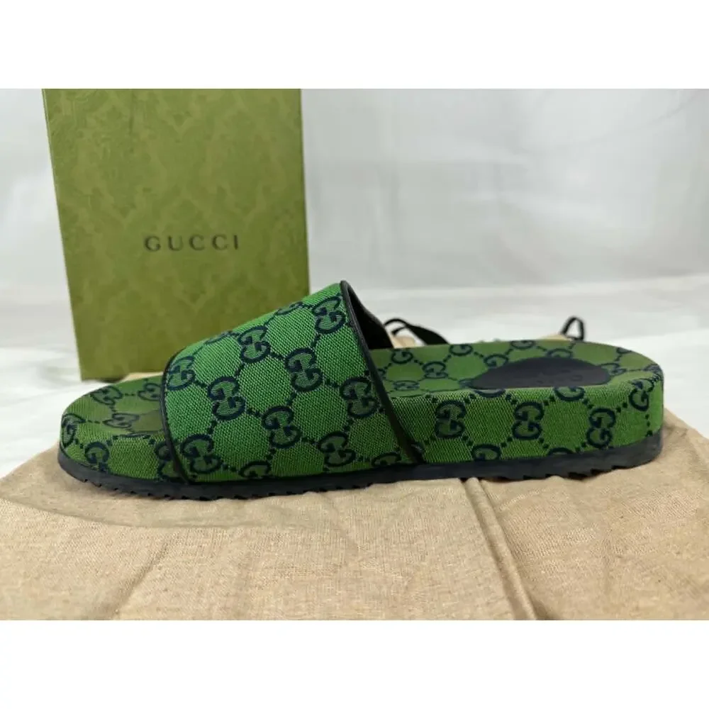 Gucci GG Monogram Sandals 665660 Green Canvas Mens US 9.5 SPB-TS 340692